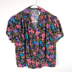 Gitano S 90s Floral Rayon Blouse Short Sleeve Button Front Vintage Cottagecore